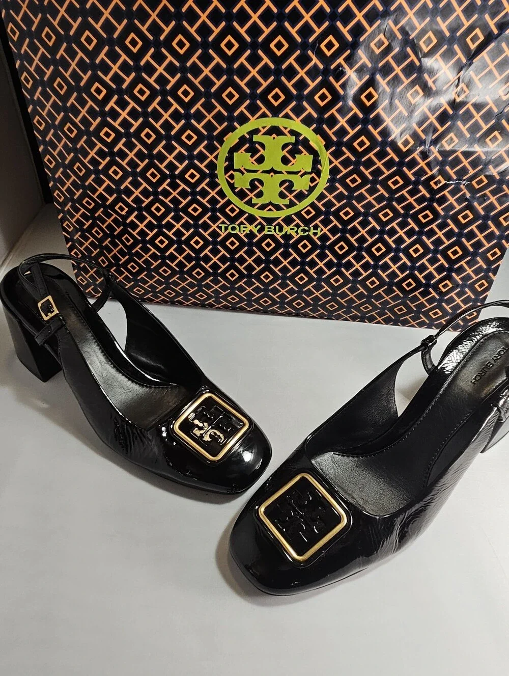 Authentic Tory Burch Black Patent Slingback Block Heel Pumps